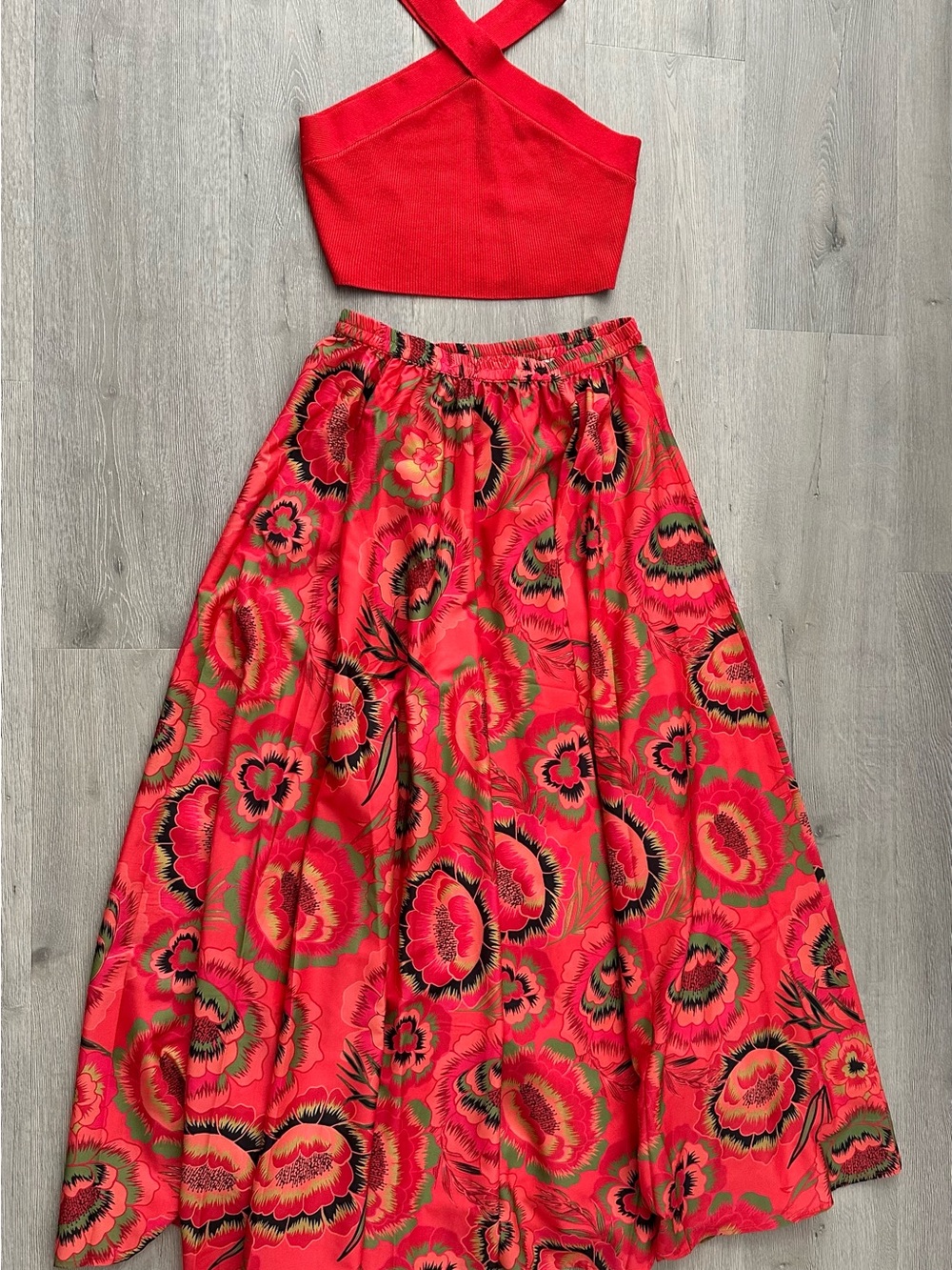 Red Floral Halter top with Maxi Skirt - Vibrant set